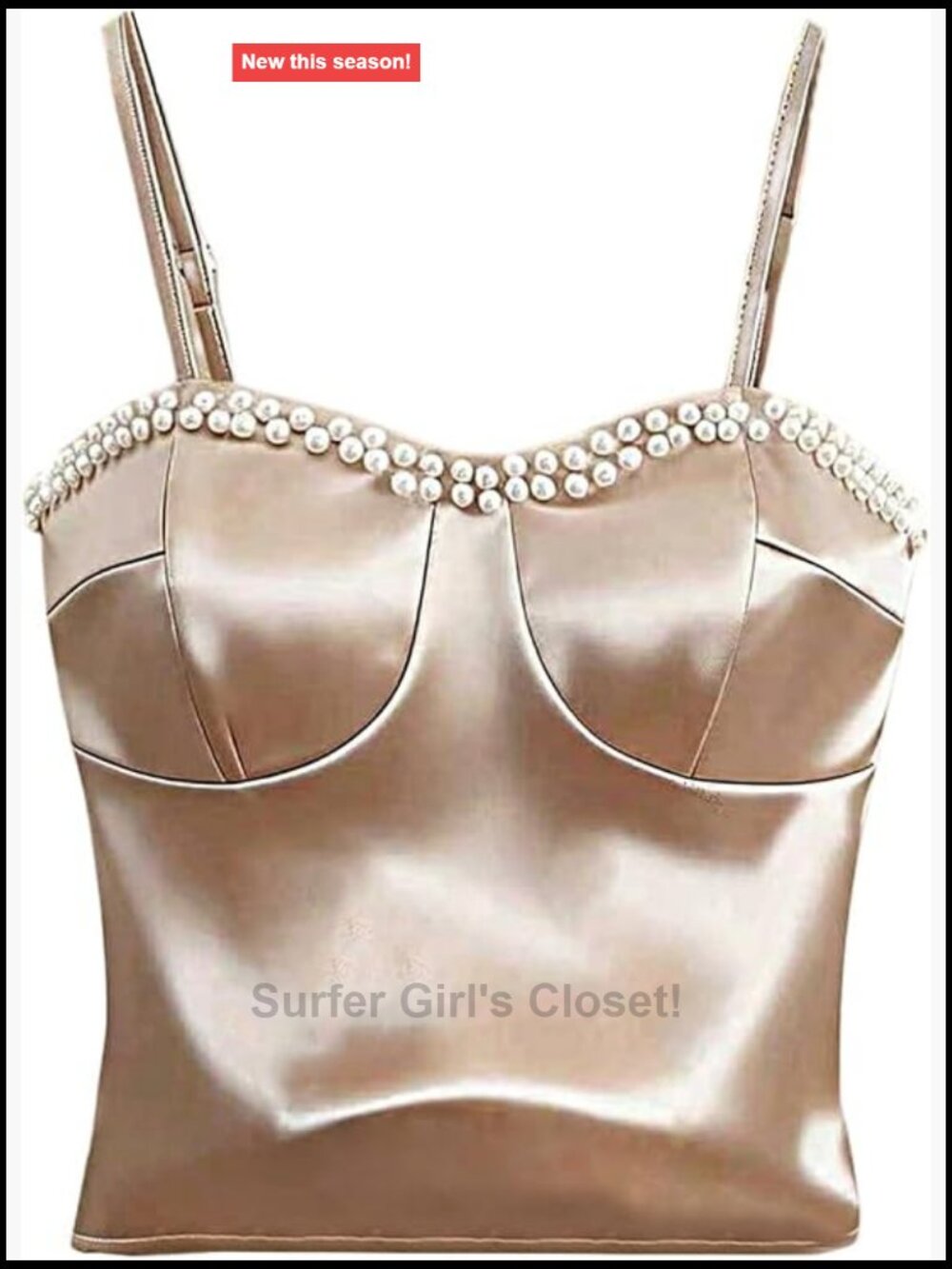 Silk Satin Pearl Beaded Spaghetti Strap Crop Tank Top